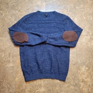 J Crew Cable Knit Sweater Mens Large L Blue Long Sleeve Pullover Leather Preppy